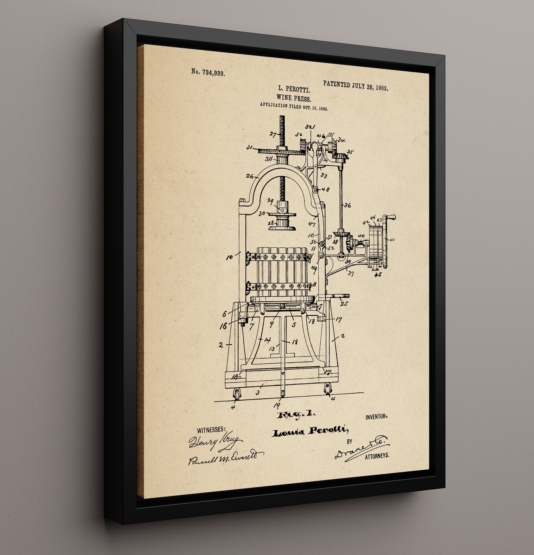 Patent Print - Wine Press - L. Perotti - 1903 - Patent 734939 Patent Wall Art