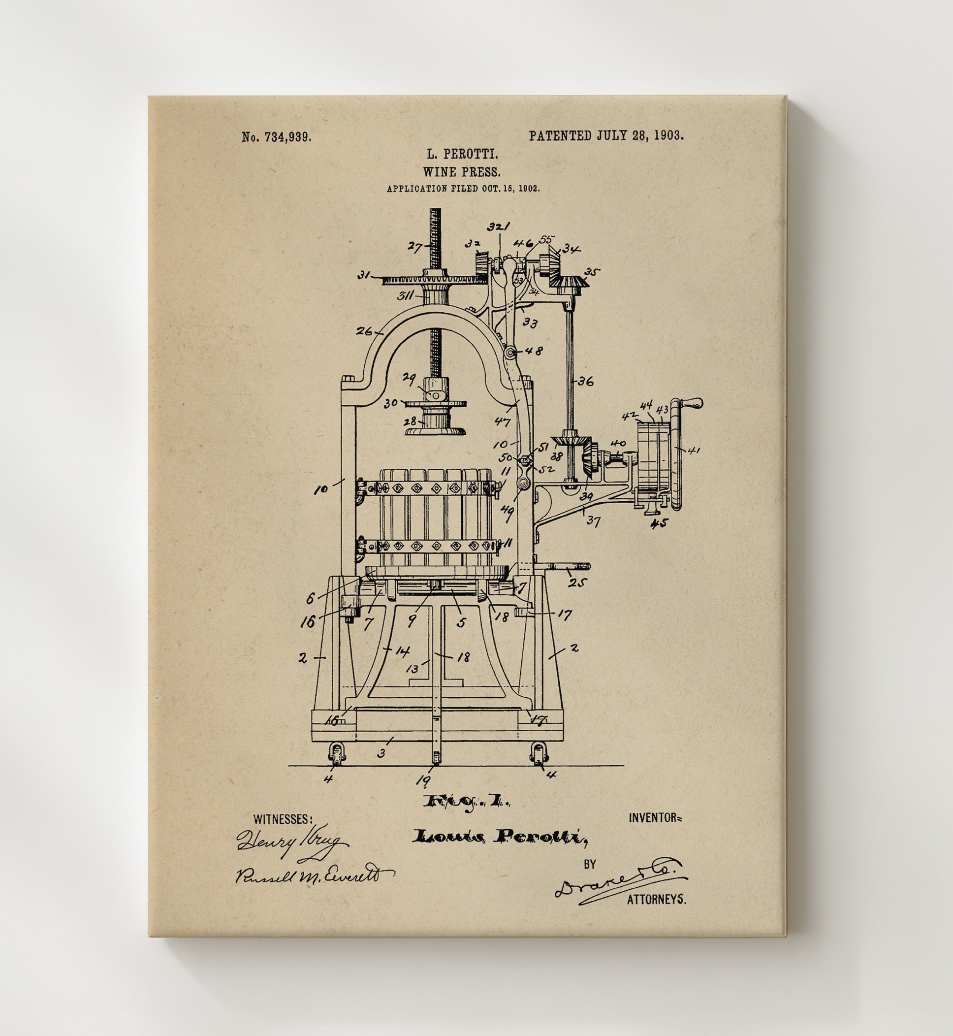 Patent Print - Wine Press - L. Perotti - 1903 - Patent 734939 Patent Wall Art