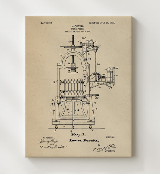 Wine Press by L. Perotti 1903 patent print wall art 8x10 Canvas