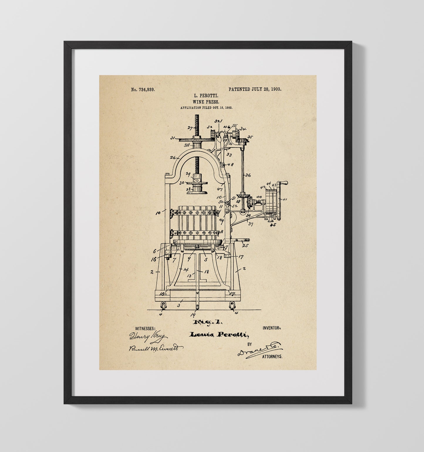 Patent Print - Wine Press - L. Perotti - 1903 - Patent 734939 Patent Wall Art