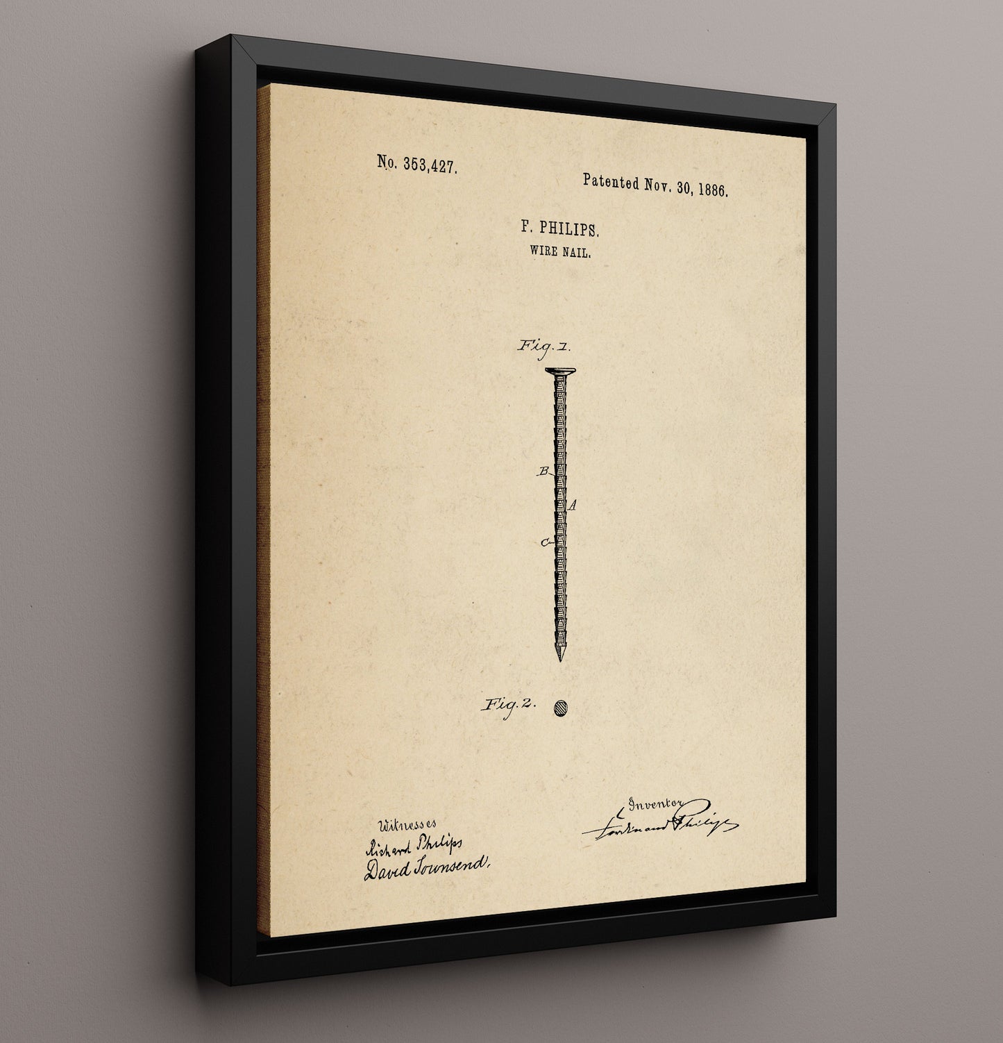 Patent Print - Wire Nail - F. Philips - 1886 - Patent 353427 Patent Wall Art