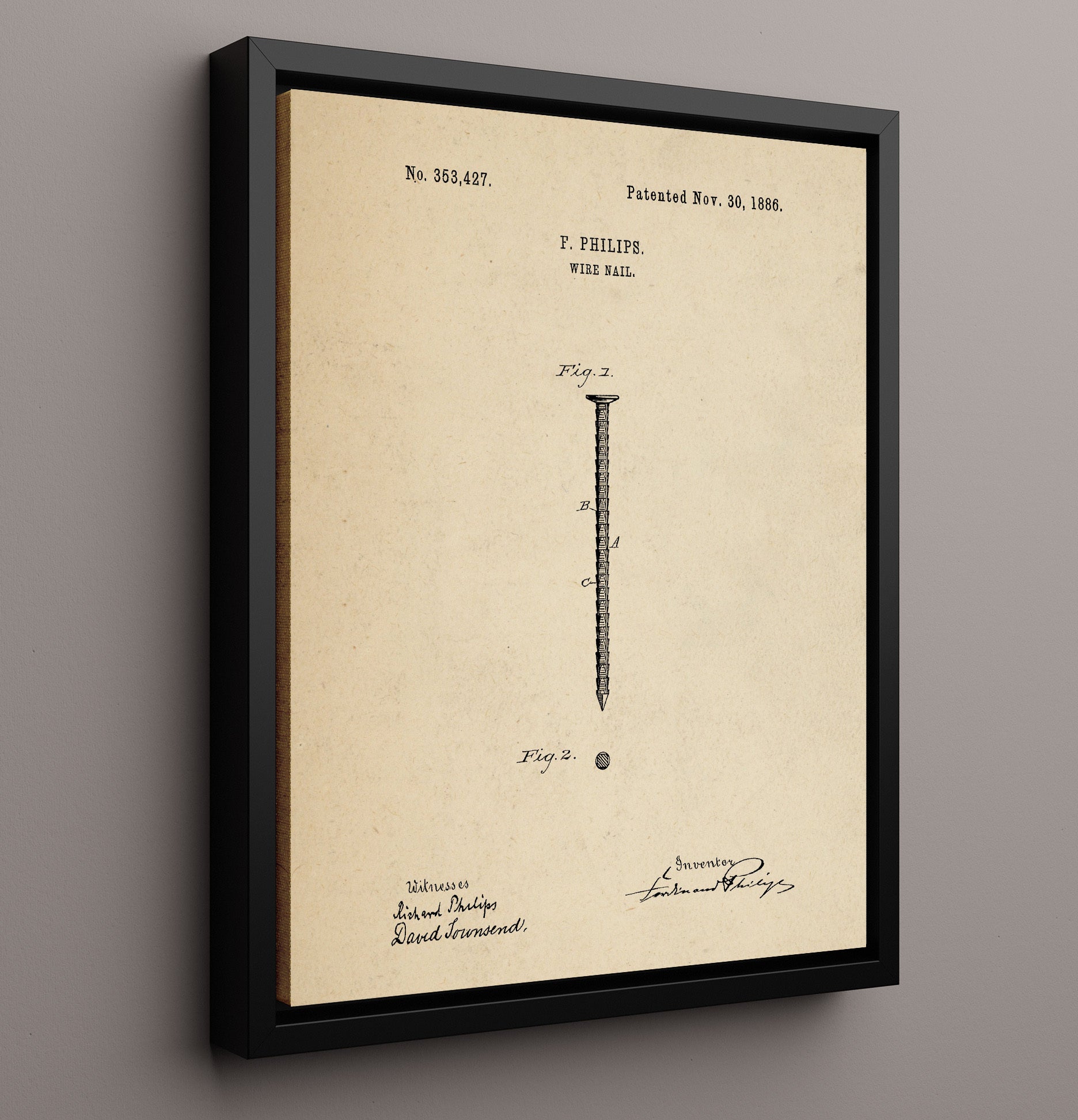 Patent Print - Wire Nail - F. Philips - 1886 - Patent 353427 Patent Wall Art