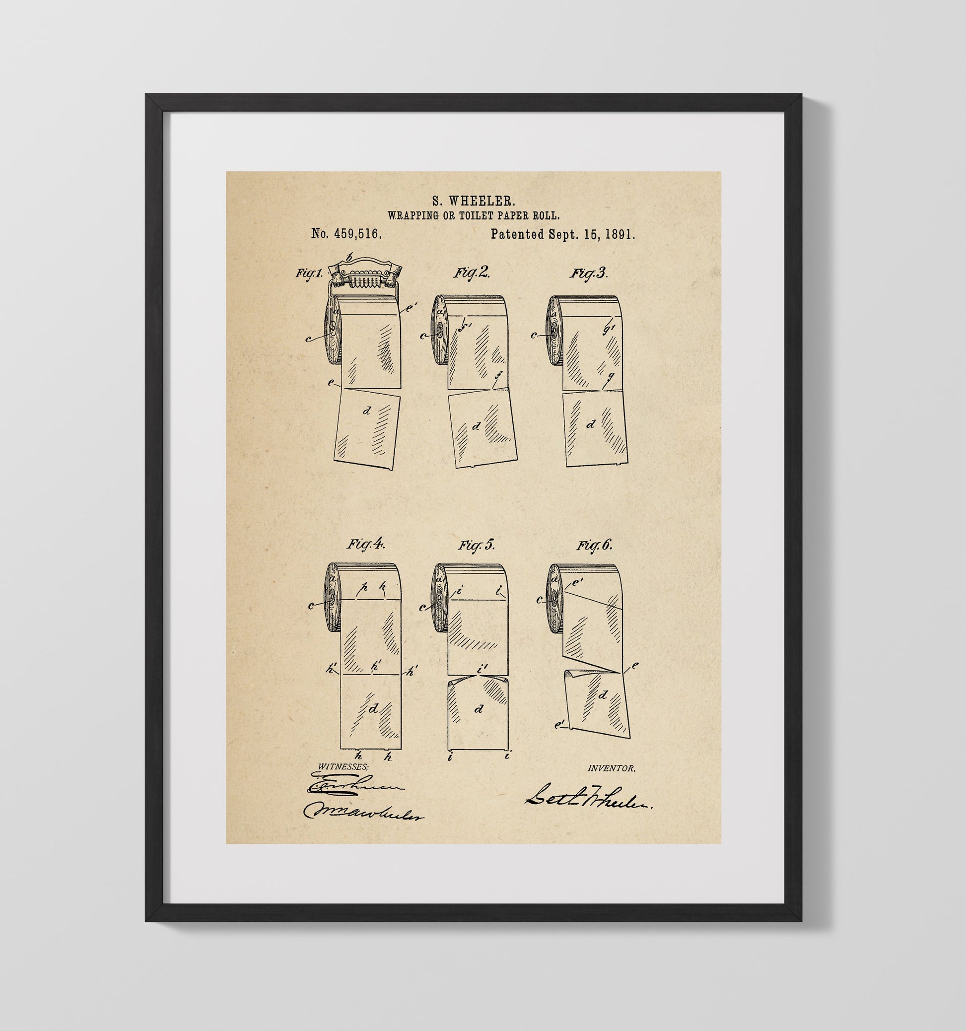 Patent Print - Wrapping Or Toilet Paper Roll - Seth Wheeler - 1891 - Patent 459516 Patent Wall Art