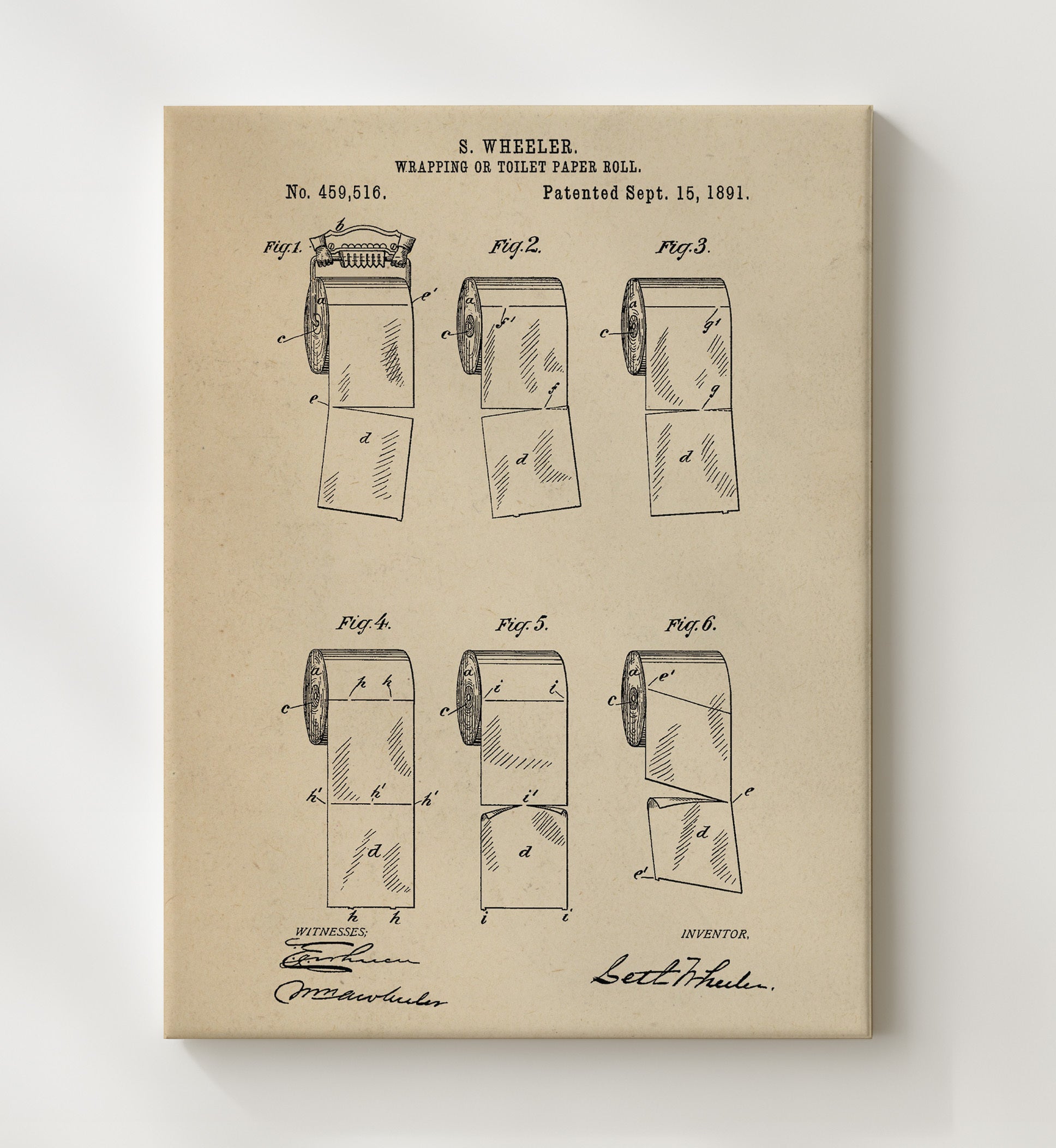 Patent Print - Wrapping Or Toilet Paper Roll - Seth Wheeler - 1891 - Patent 459516 Patent Wall Art