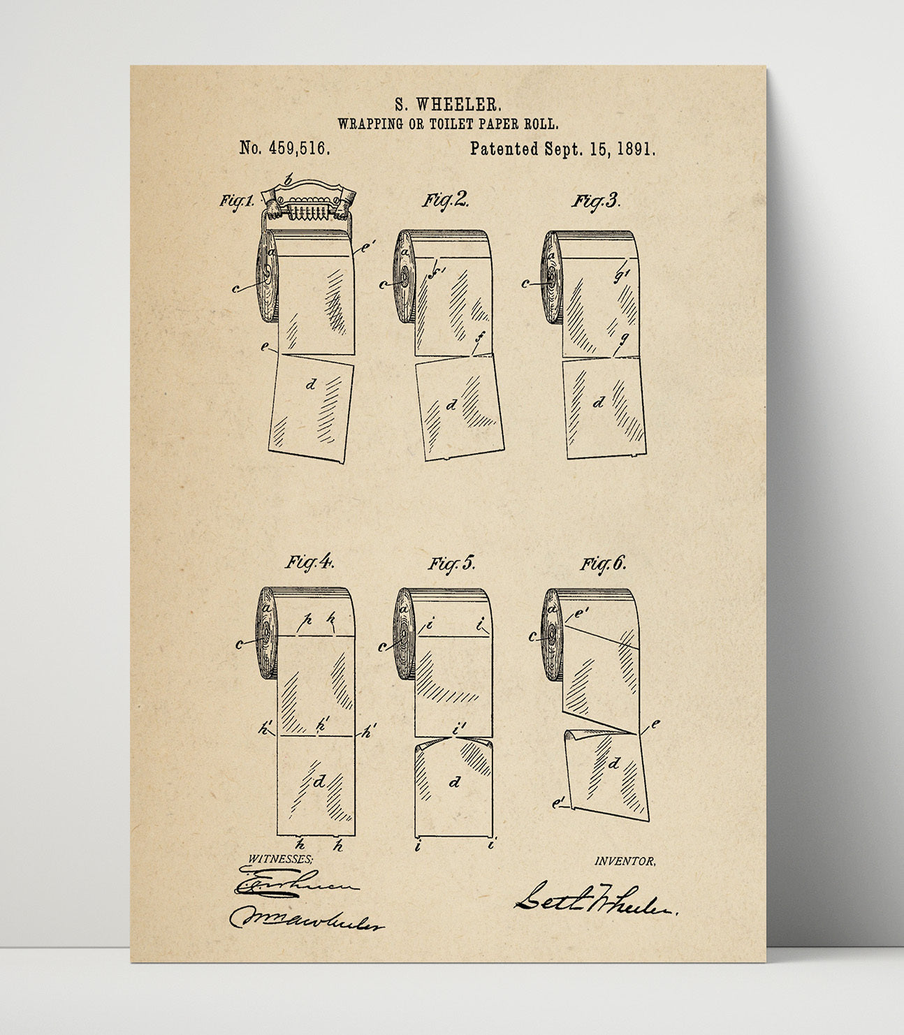 Patent Print - Wrapping Or Toilet Paper Roll - Seth Wheeler - 1891 - Patent 459516 Patent Wall Art