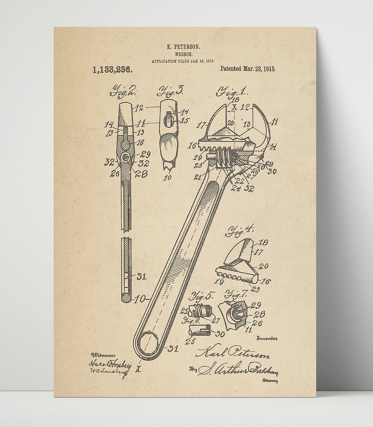 Patent Print - Wrench - Karl Peterson - 1915 - Patent 1133236 Patent Wall Art