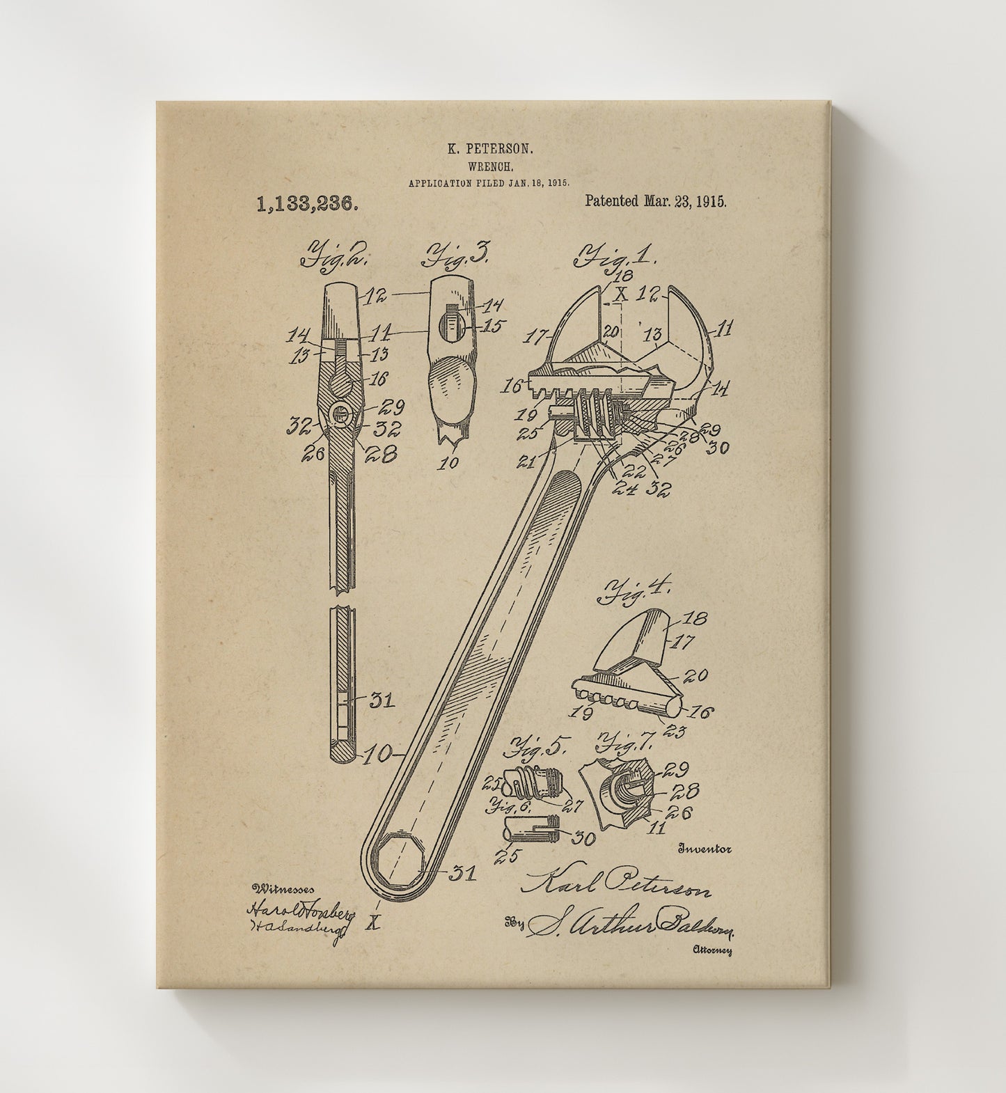 Patent Print - Wrench - Karl Peterson - 1915 - Patent 1133236 Patent Wall Art