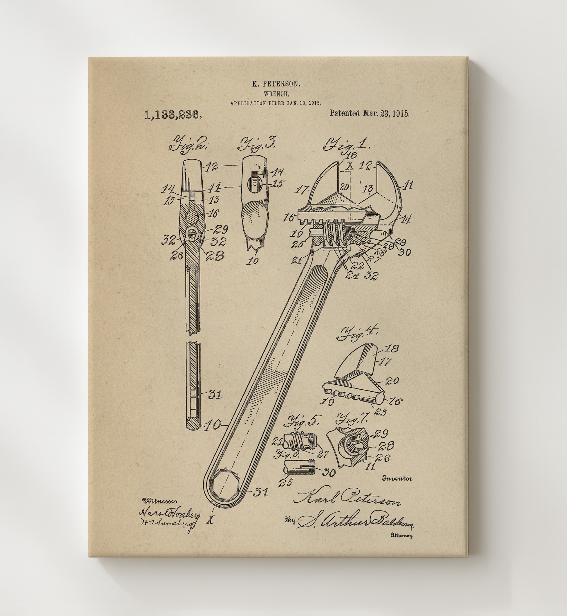 Patent Print - Wrench - Karl Peterson - 1915 - Patent 1133236 Patent Wall Art