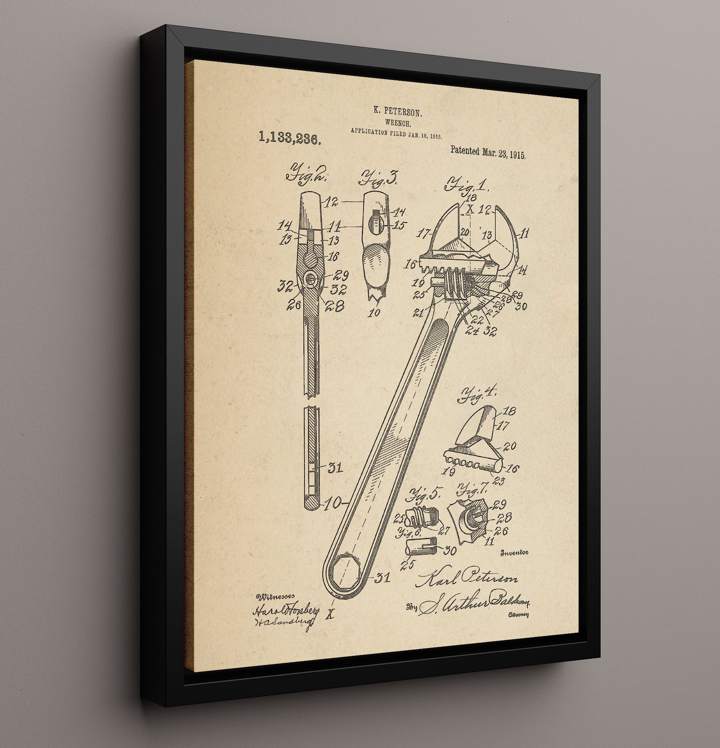 Patent Print - Wrench - Karl Peterson - 1915 - Patent 1133236 Patent Wall Art