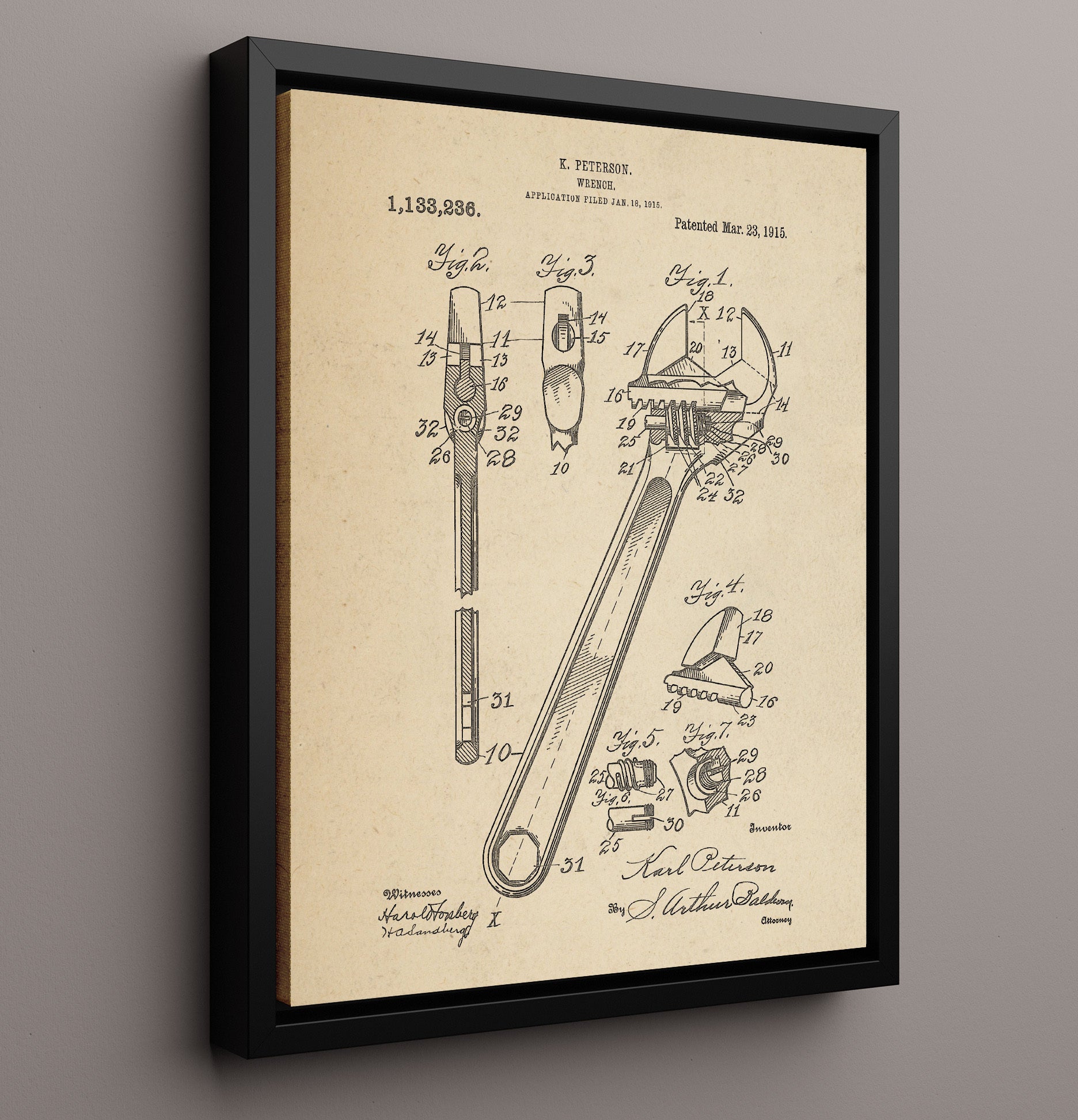 Patent Print - Wrench - Karl Peterson - 1915 - Patent 1133236 Patent Wall Art