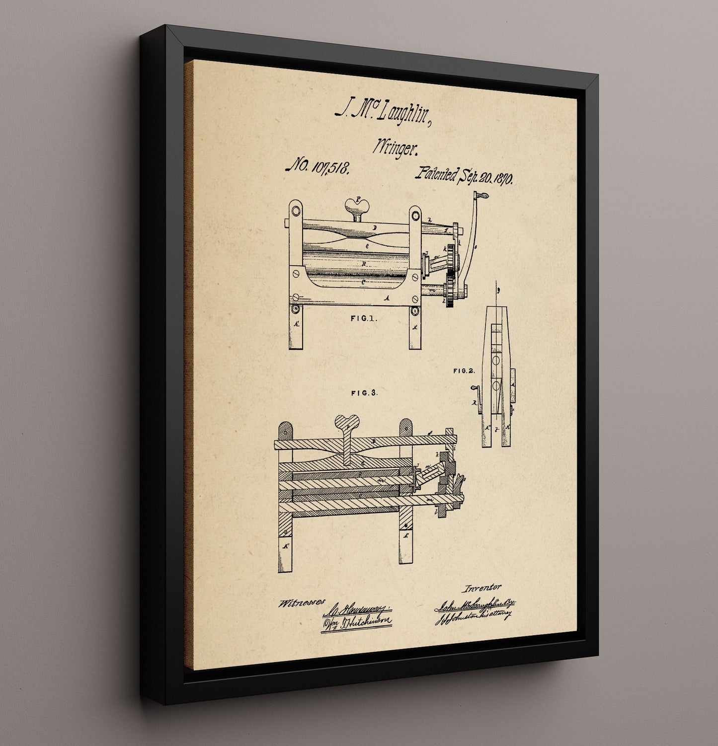 Patent Print - Wringer Machine - John M Laughlin - 1870 - Patent 107518 Patent Wall Art