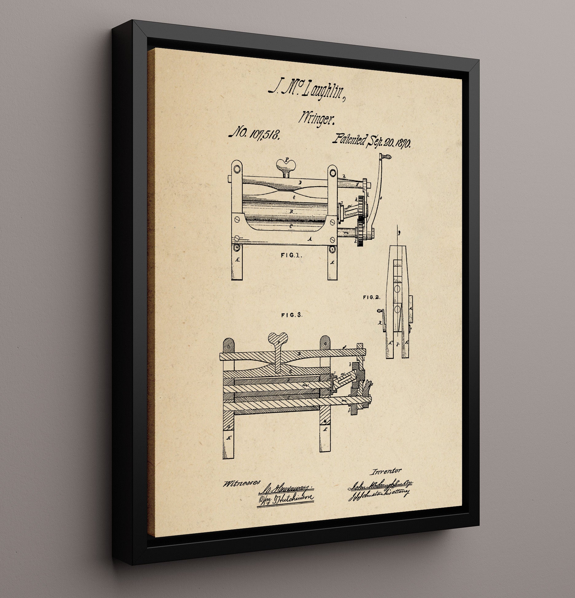 Patent Print - Wringer Machine - John M Laughlin - 1870 - Patent 107518 Patent Wall Art