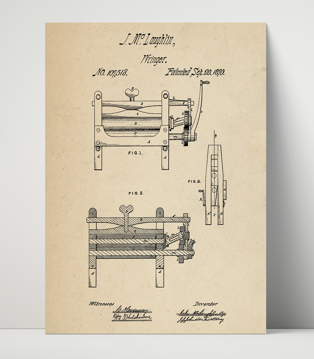 Patent Print - Wringer Machine - John M Laughlin - 1870 - Patent 107518 Patent Wall Art