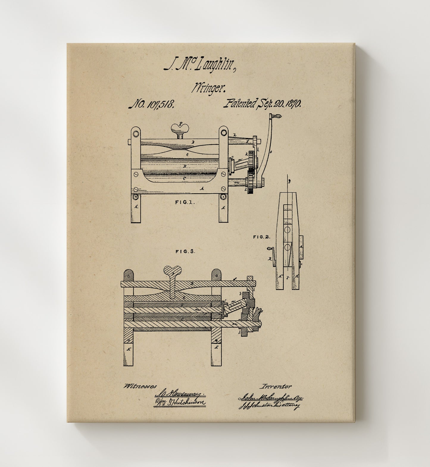 Patent Print - Wringer Machine - John M Laughlin - 1870 - Patent 107518 Patent Wall Art