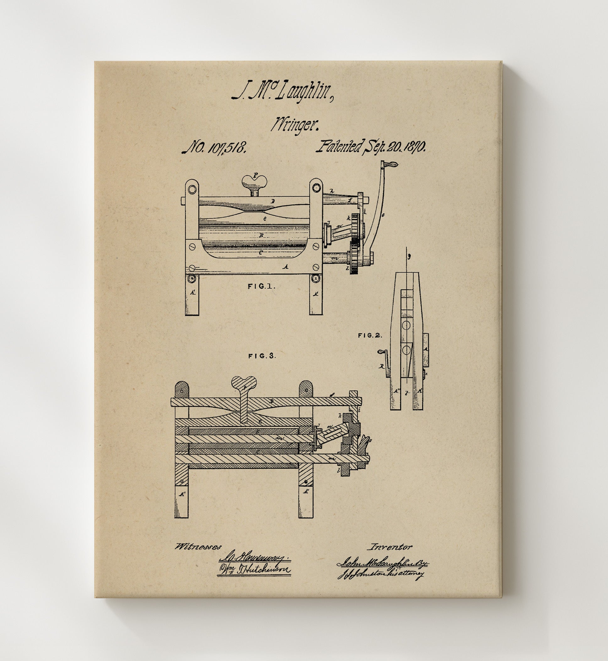 Patent Print - Wringer Machine - John M Laughlin - 1870 - Patent 107518 Patent Wall Art