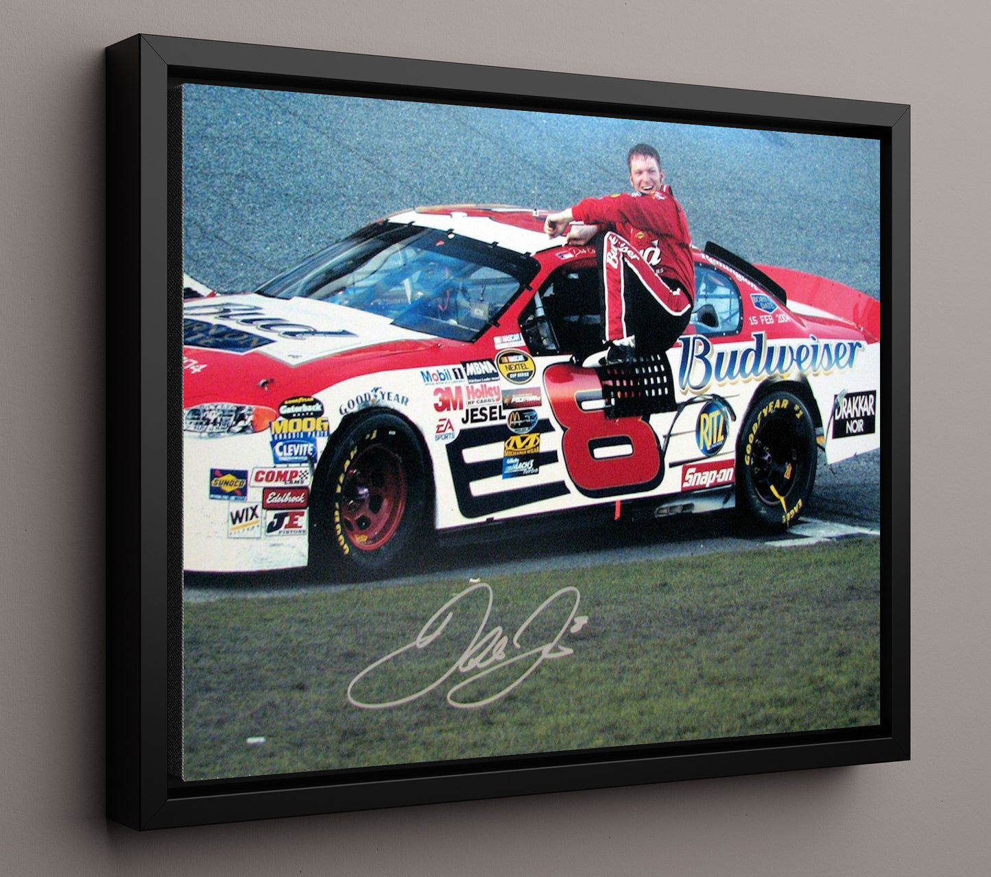 Dale Earnhardt Jr - Budweiser Chevrolet No 8 Victory Pose Racing Wall Art 16x20 Framed Canvas wall art print – Racing Wall Art decor