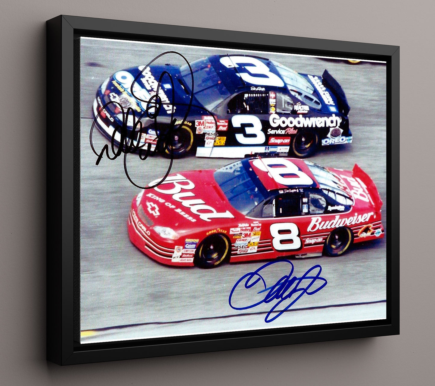 Dale Earnhardt Jr and Sr - Dual Cars- Landscape.jpg Racing Wall Art 16x20 Framed Canvas wall art print – Racing Wall Art decor