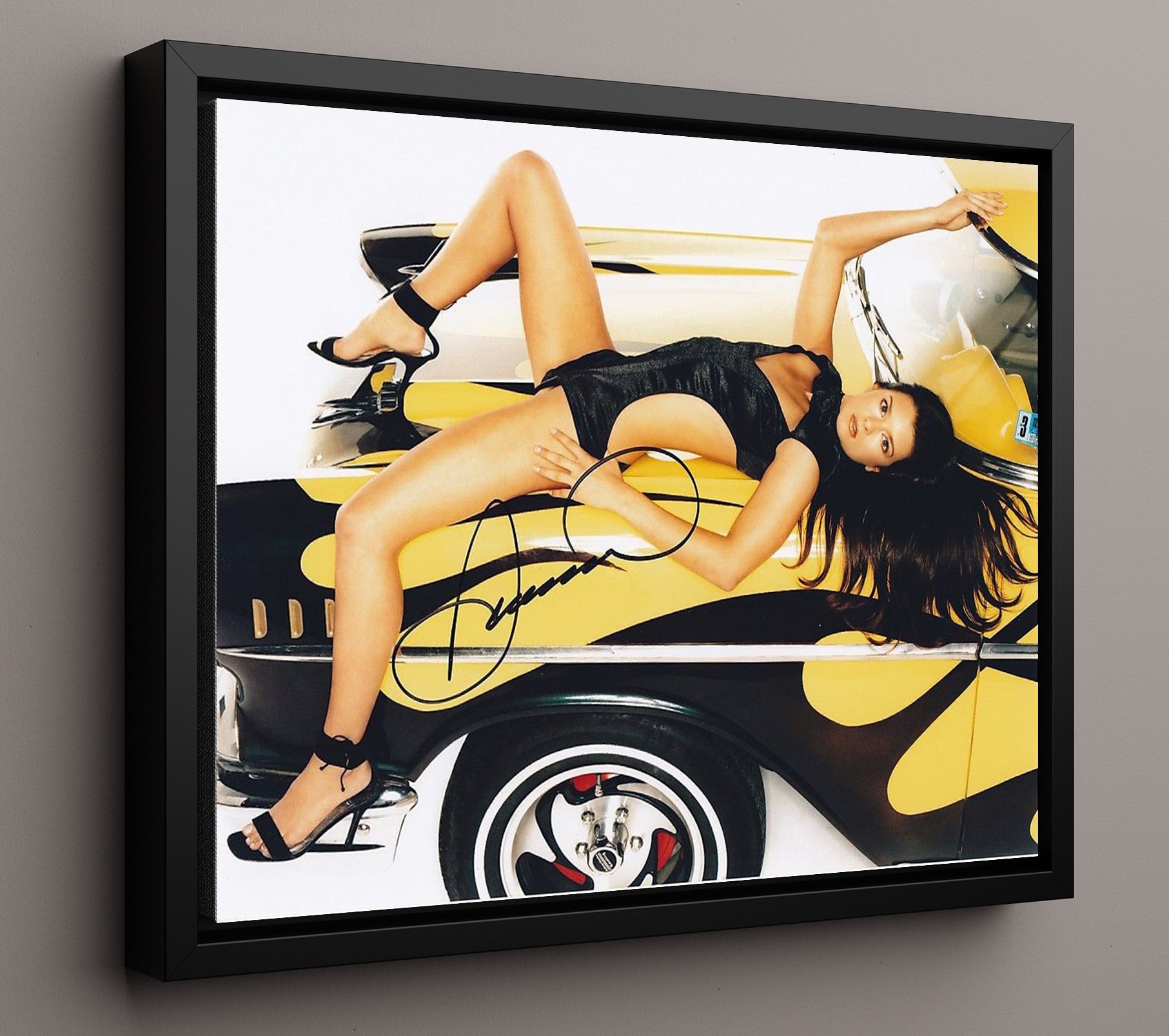 Danica Patrick - Yellow Black Corvette Pinup Racing Wall Art 16x20 Framed Canvas wall art print – Racing Wall Art decor