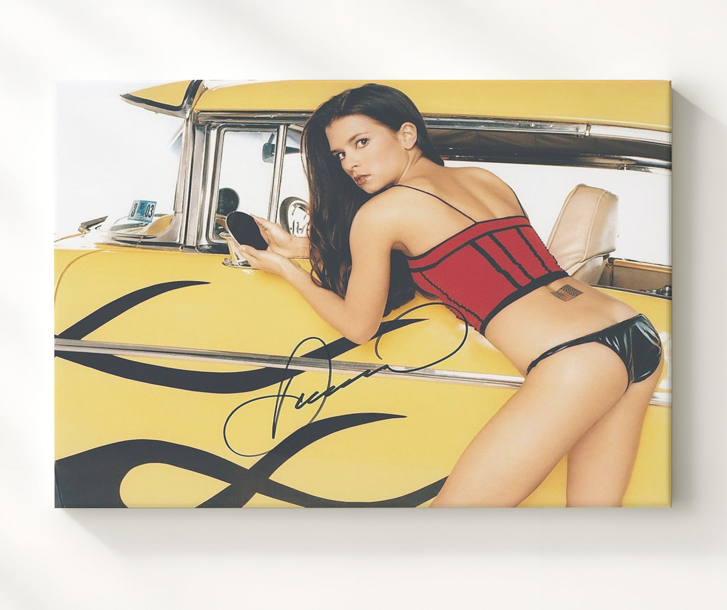 Danica Patrick IndyCar Helmet with American Flag - Framed Canvas racing wall art