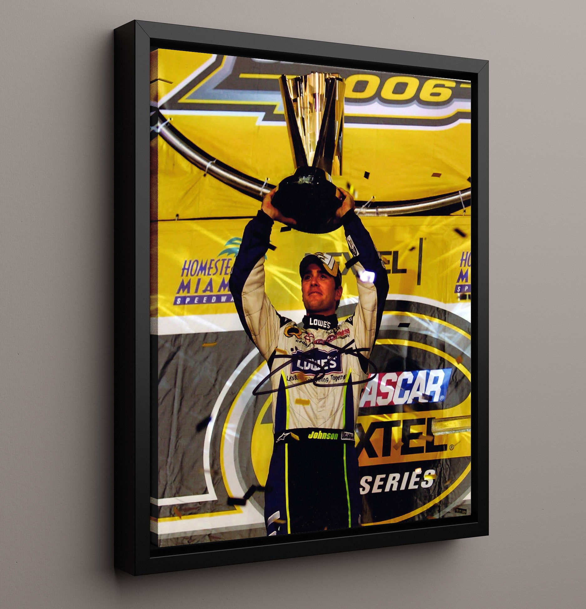 Jimmie Johnson - NASCAR Champion Trophy Celebration Racing Wall Art 16x20 Framed Canvas wall art print – Racing Wall Art decor