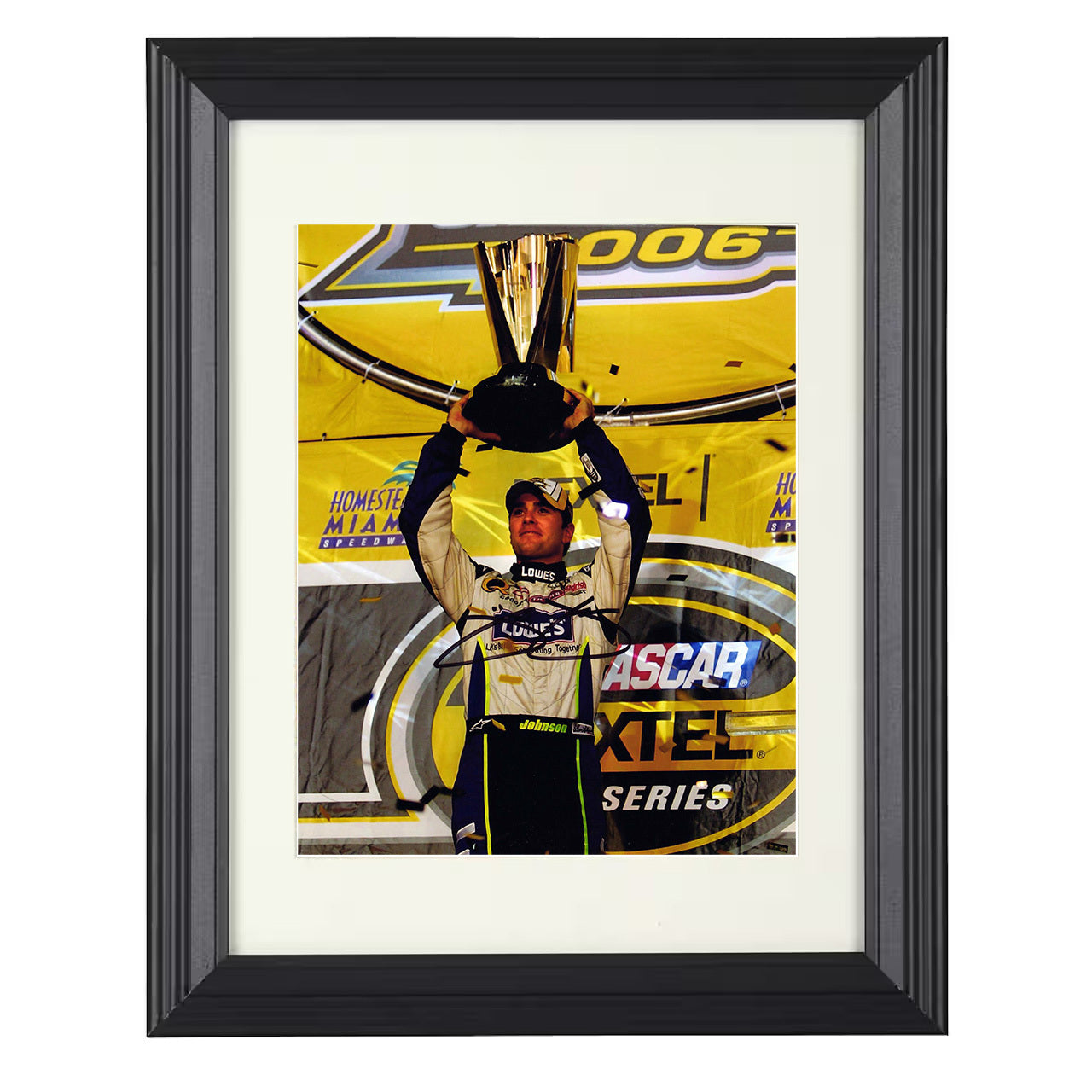 Jimmie Johnson – NASCAR Champion Trophy Celebration 8x10 matted black framed racing wall art