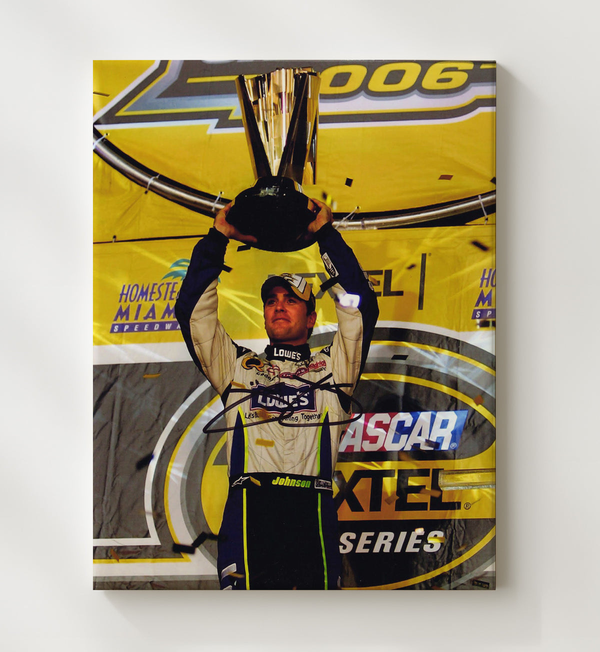 Jimmie Johnson - NASCAR Champion Trophy Celebration - Framed Canvas racing wall art