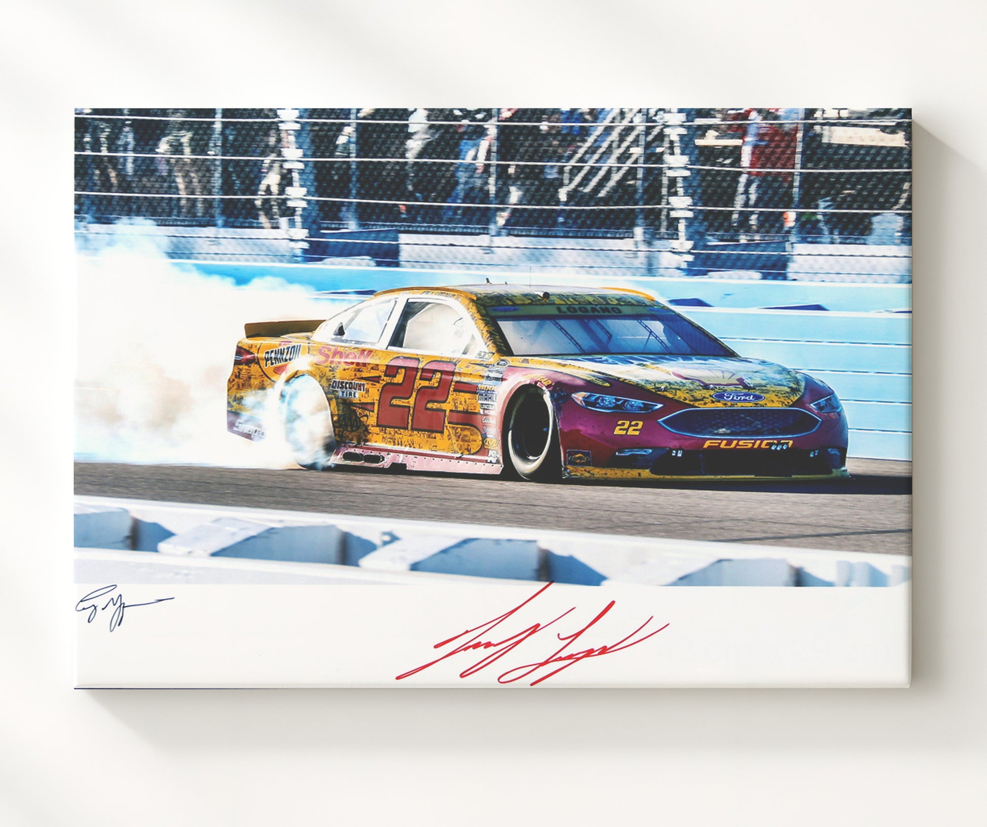 Joey Logano - Burnout Celebration - Framed Canvas racing wall art