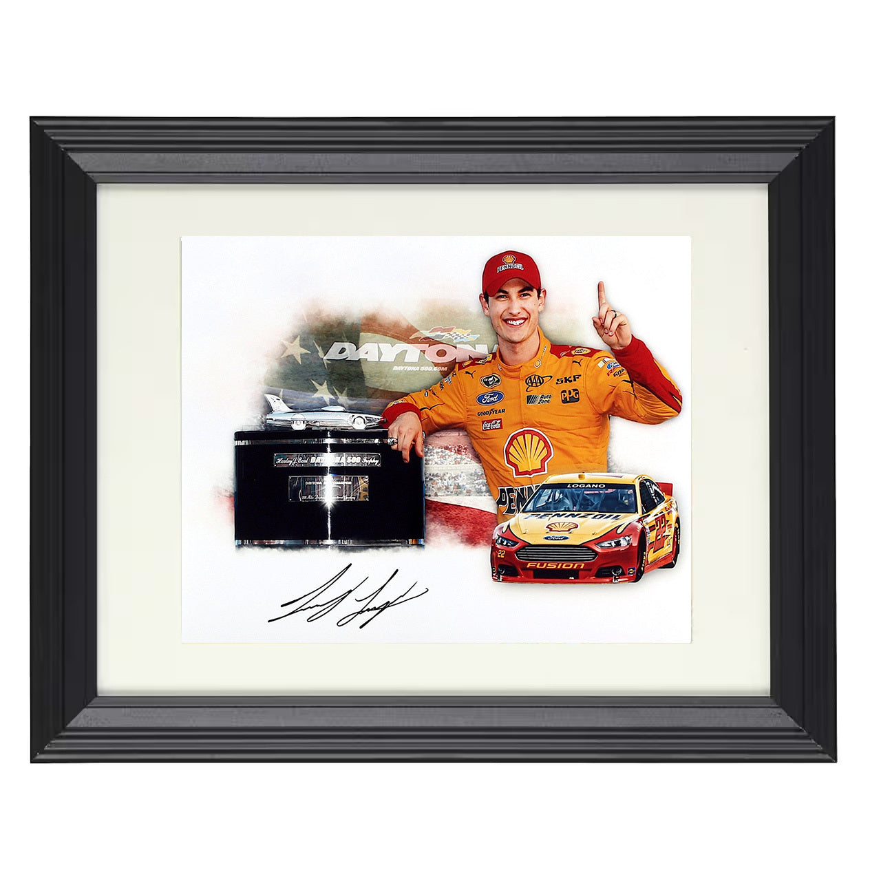 Joey Logano – Daytona 500 Trophy Celebration 8x10 matted black framed racing wall art