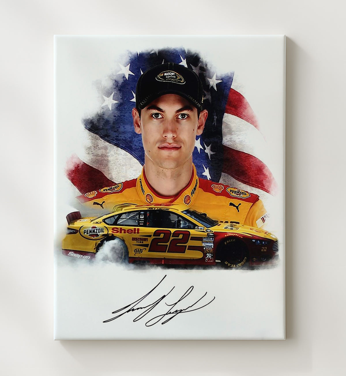 Joey Logano Pennzoil Mustang with American Flag - Framed Canvas racing wall art