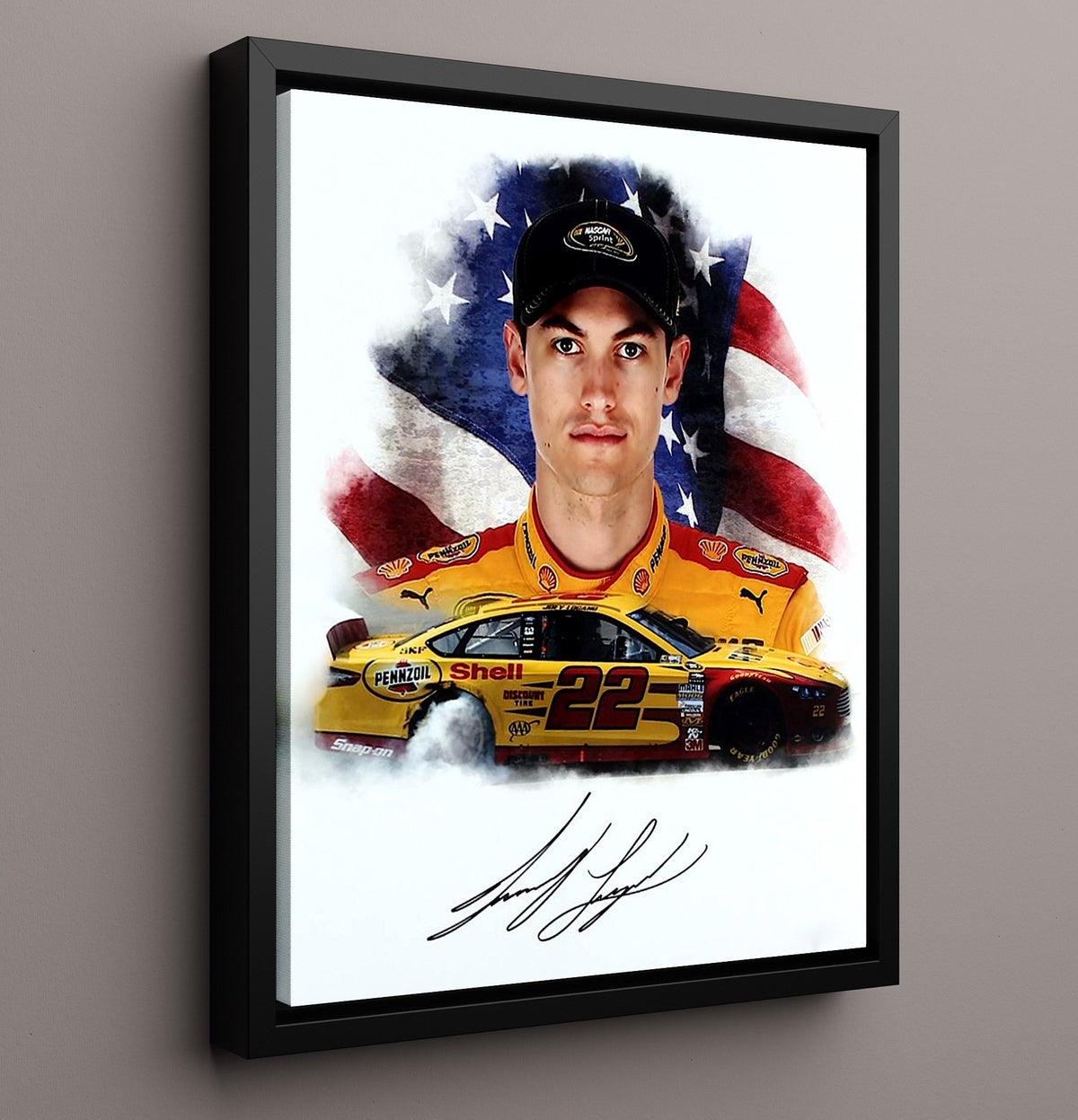 Joey Logano Pennzoil Mustang with American Flag - Unframed Print racing wall art