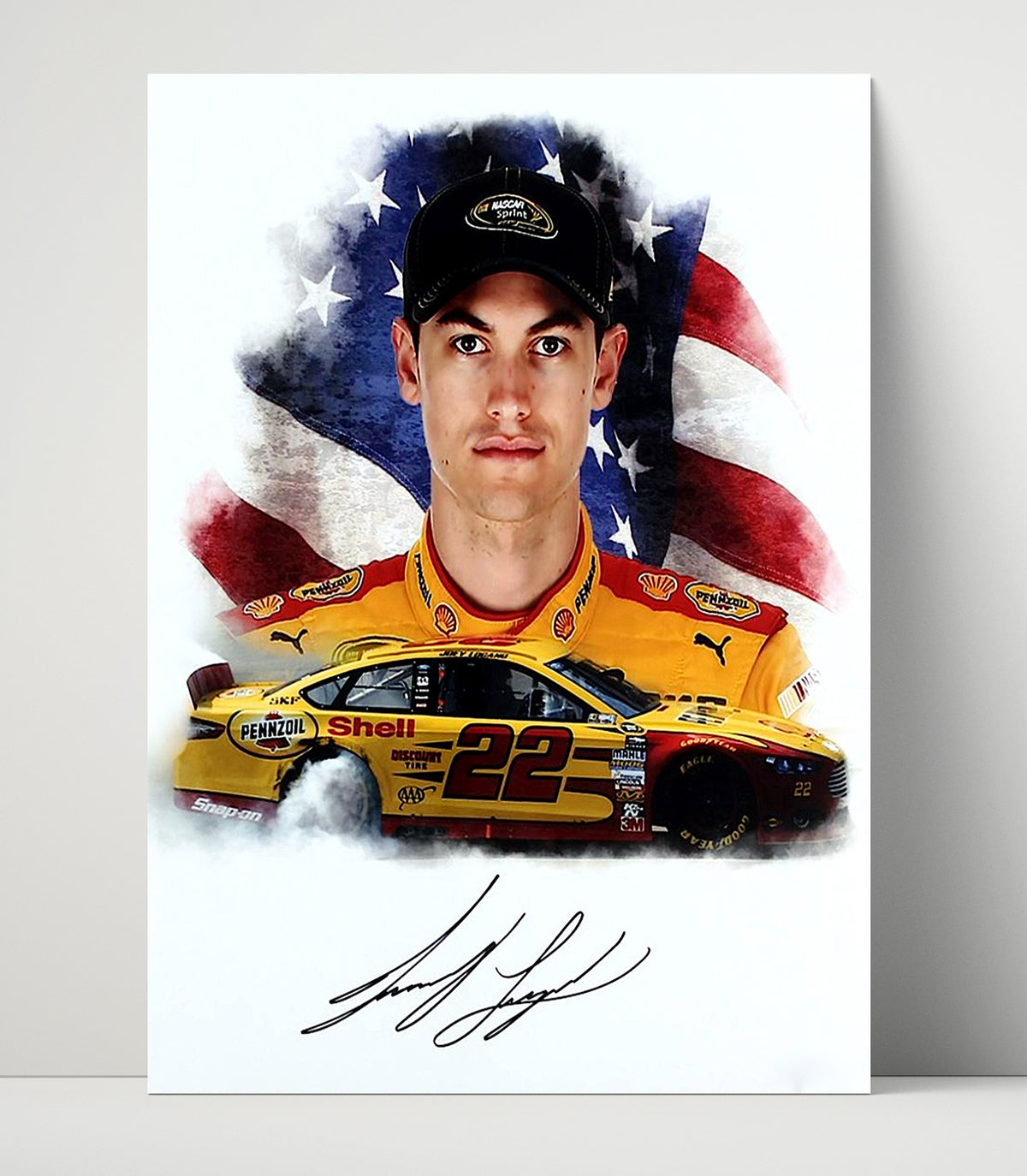 Joey Logano Pennzoil Mustang with American Flag - Gallery Frame racing wall art