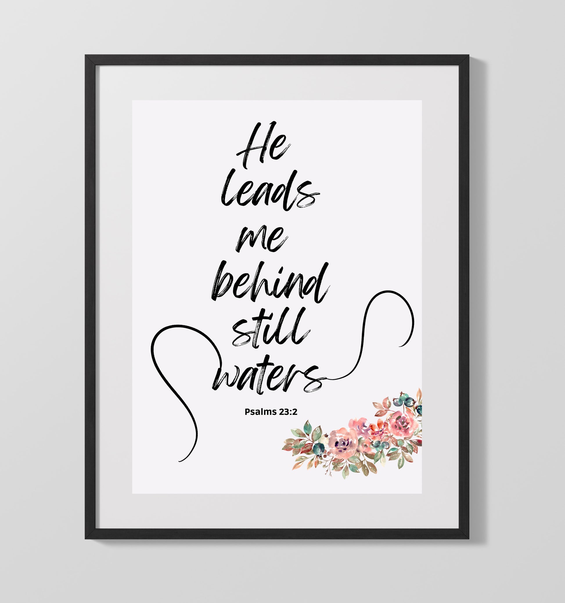Psalm 23:2 - He Leads Me Beside Still Waters - Serene Psalm Verse - Scripture Poster - 16x20 Gallery Frame