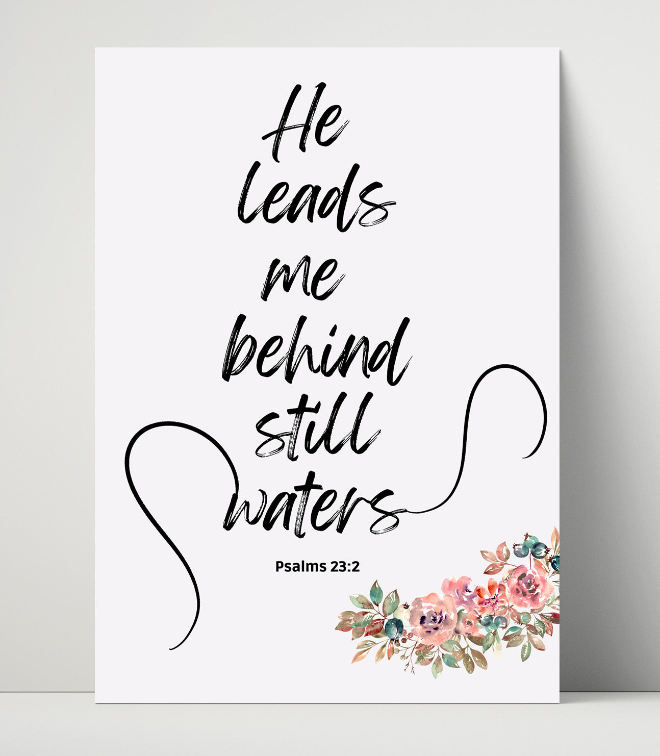 Psalm 23:2 - He Leads Me Beside Still Waters - Serene Psalm Verse - Scripture Poster - 16x20 Unframed Print