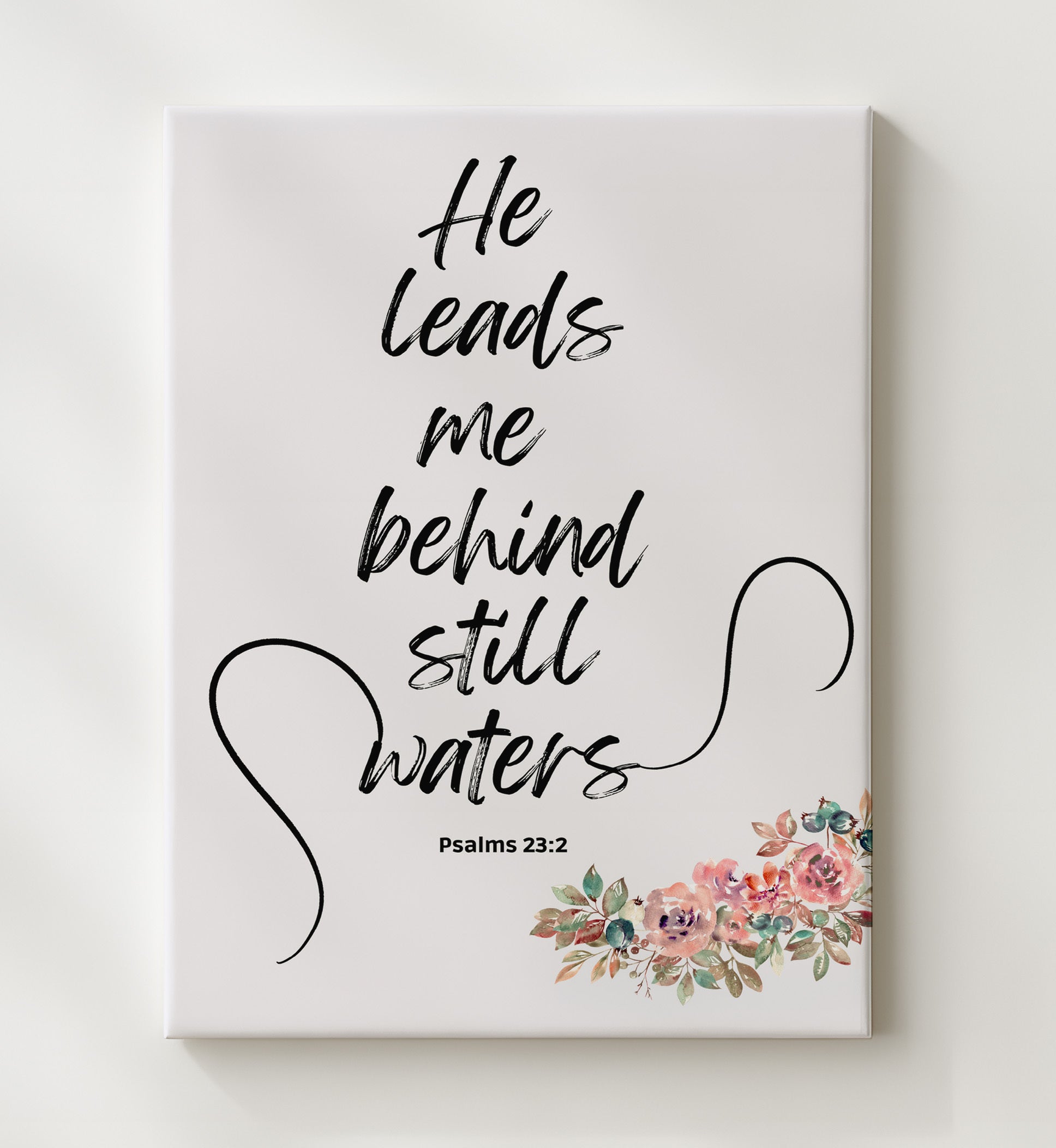 Psalm 23:2 - He Leads Me Beside Still Waters - Serene Psalm Verse - Scripture Poster - 20x24 Canvas