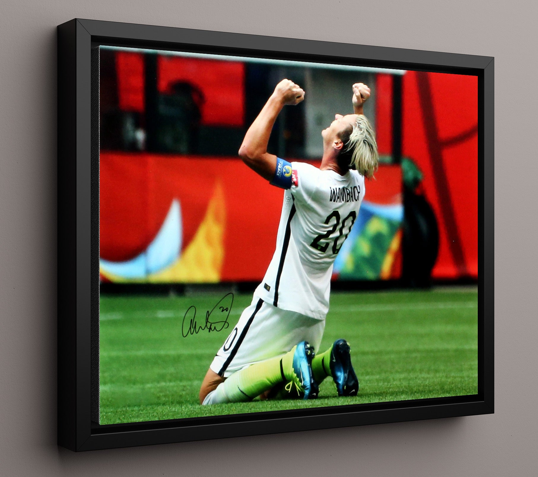 Abby Wambach USA Goal Celebration Print USWNT Legend Soccer Print 16x20 Framed Canvas soccer wall art print – Soccer Prints decor