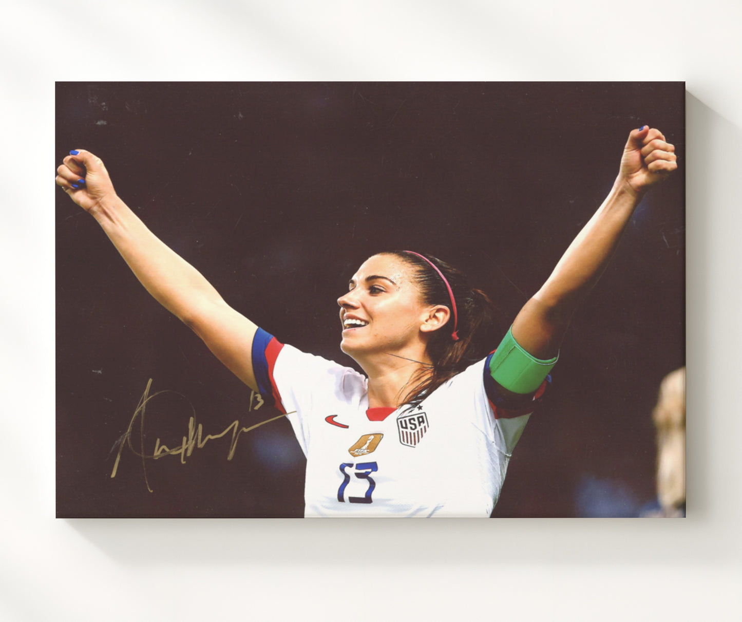 Alex Morgan USA Arms Raised Goal Celebration Print Soccer Print 20x24 Canvas soccer wall art print – Soccer Prints decor