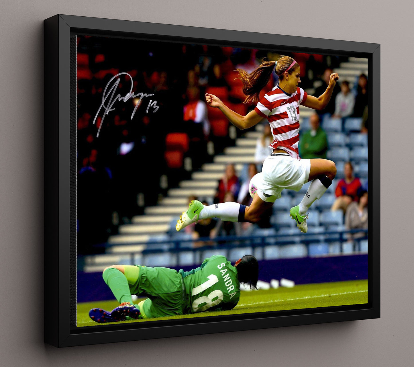 Alex Morgan USA Attack Run USWNT Soccer Print 16x20 Framed Canvas soccer wall art print – Soccer Prints decor