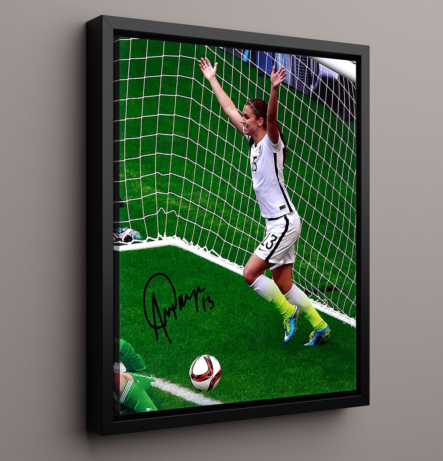 Alex Morgan USA Goal Celebration Print Net Moment 2015 Soccer Print 16x20 Framed Canvas soccer wall art print – Soccer Prints decor