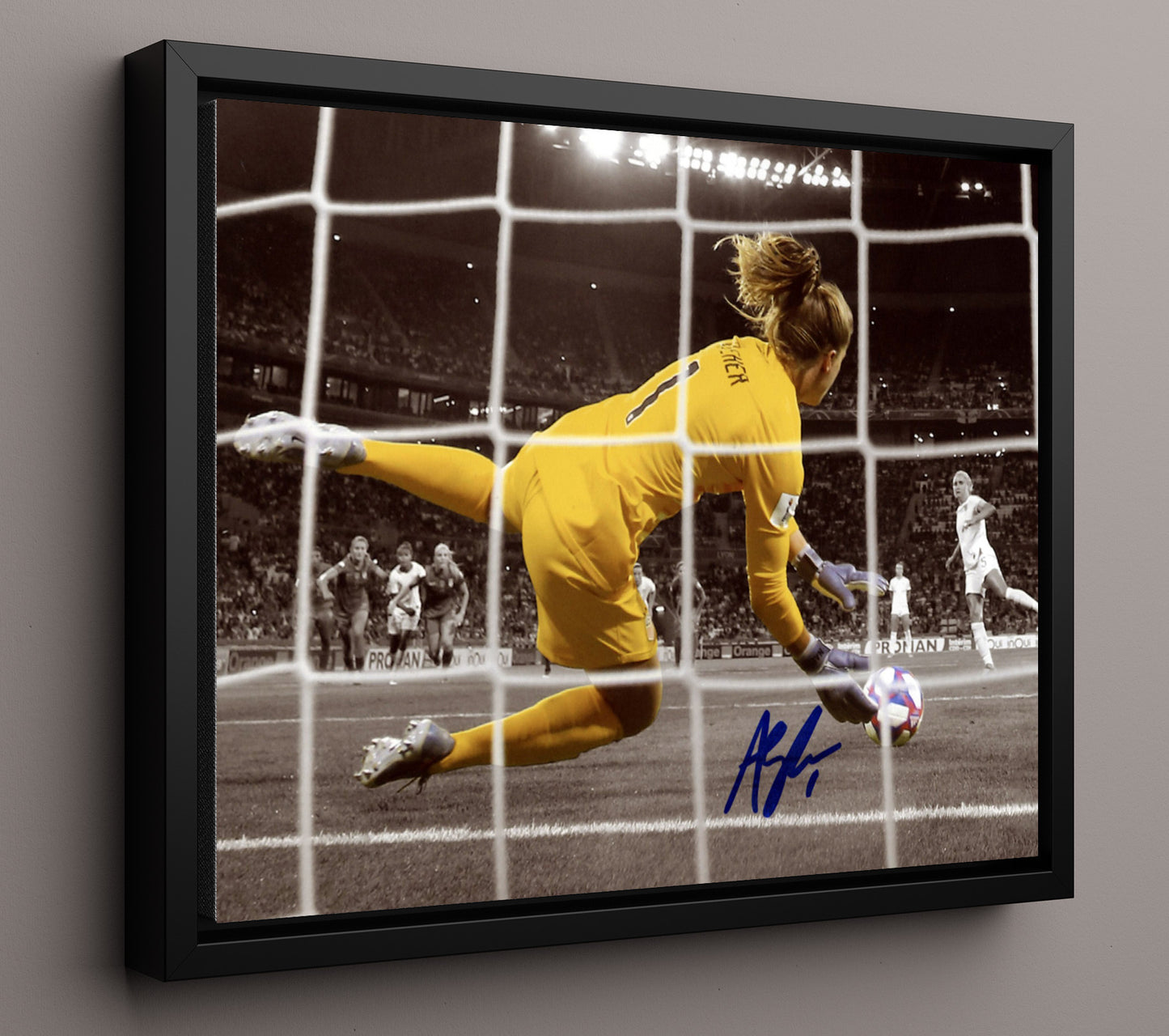 Alyssa Naeher USA Penalty Kick Save World Cup Goalkeeper Moment Soccer Print 16x20 Framed Canvas soccer wall art print – Soccer Prints decor