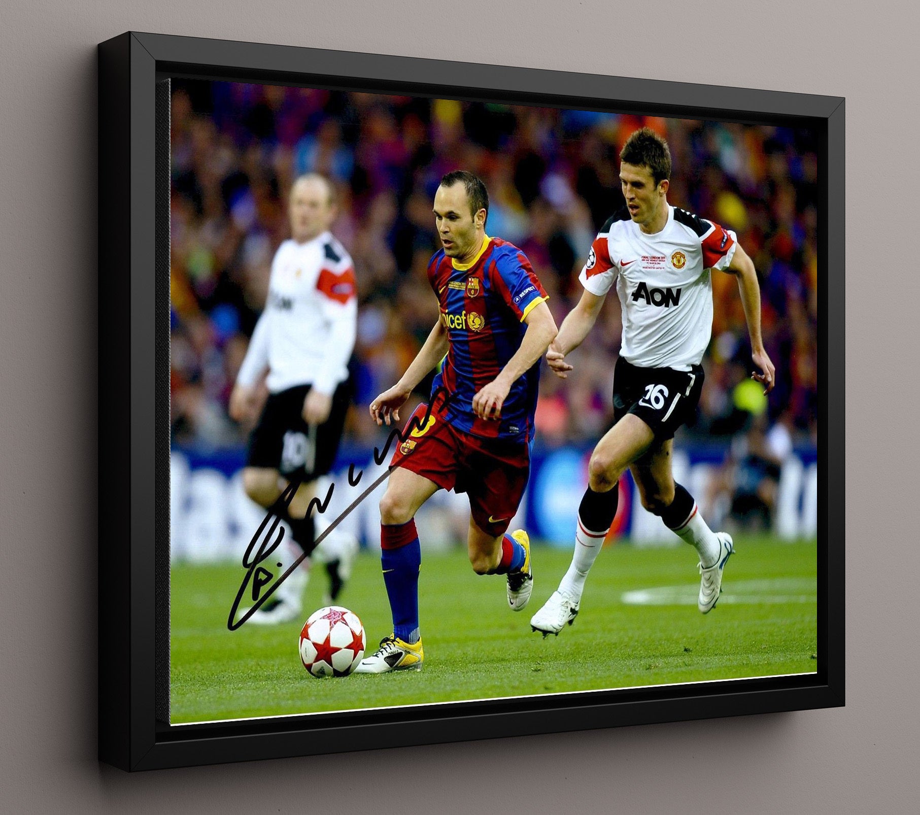 Andres Iniesta Barcelona Champions League Midfield Drive Soccer Print 16x20 Framed Canvas soccer wall art print – Soccer Prints decor