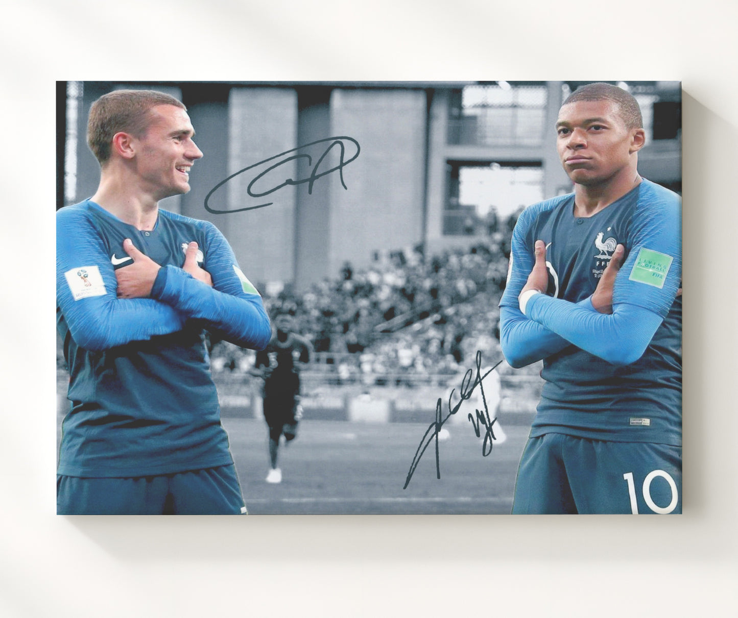 Antoine Griezmann and Kylian Mbappe France World Cup Champions Crossed Arms 20x24 Canvas soccer wall art print – Soccer Prints decor