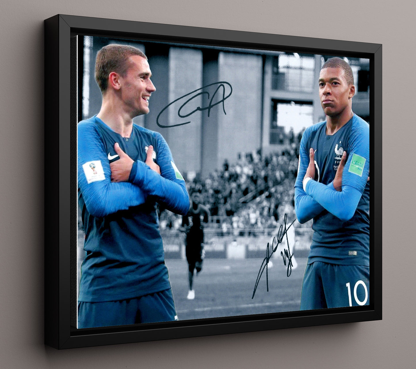 Antoine Griezmann and Kylian Mbappe France World Cup Champions Crossed Arms 16x20 Framed Canvas soccer wall art print – Soccer Prints decor