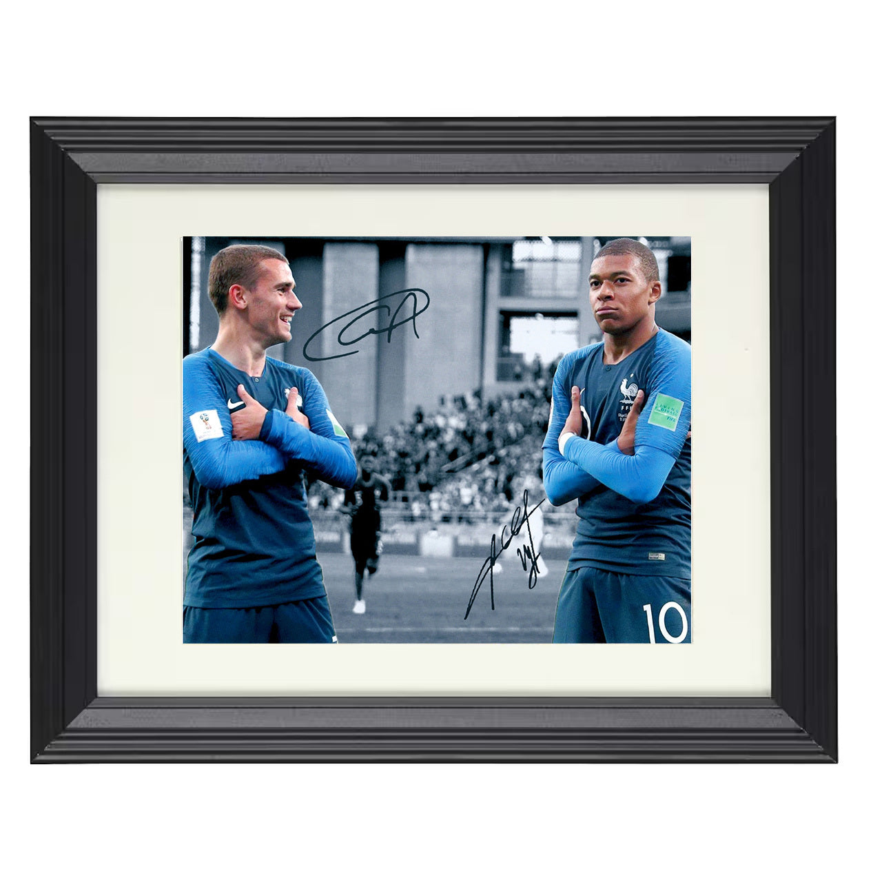Griezmann and Mbappé – France World Champions Celebration 8x10 matted black framed soccer wall art