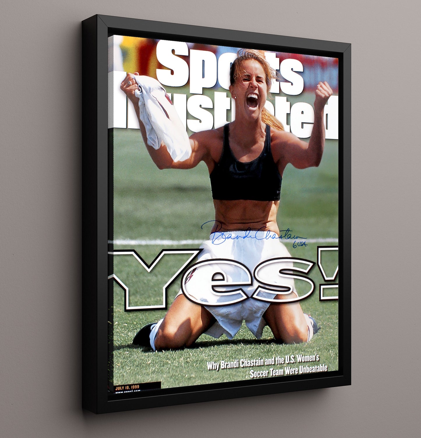 Brandi Chastain USA Iconic World Cup Victory Celebration 1999 Soccer Print 16x20 Framed Canvas soccer wall art print – Soccer Prints decor
