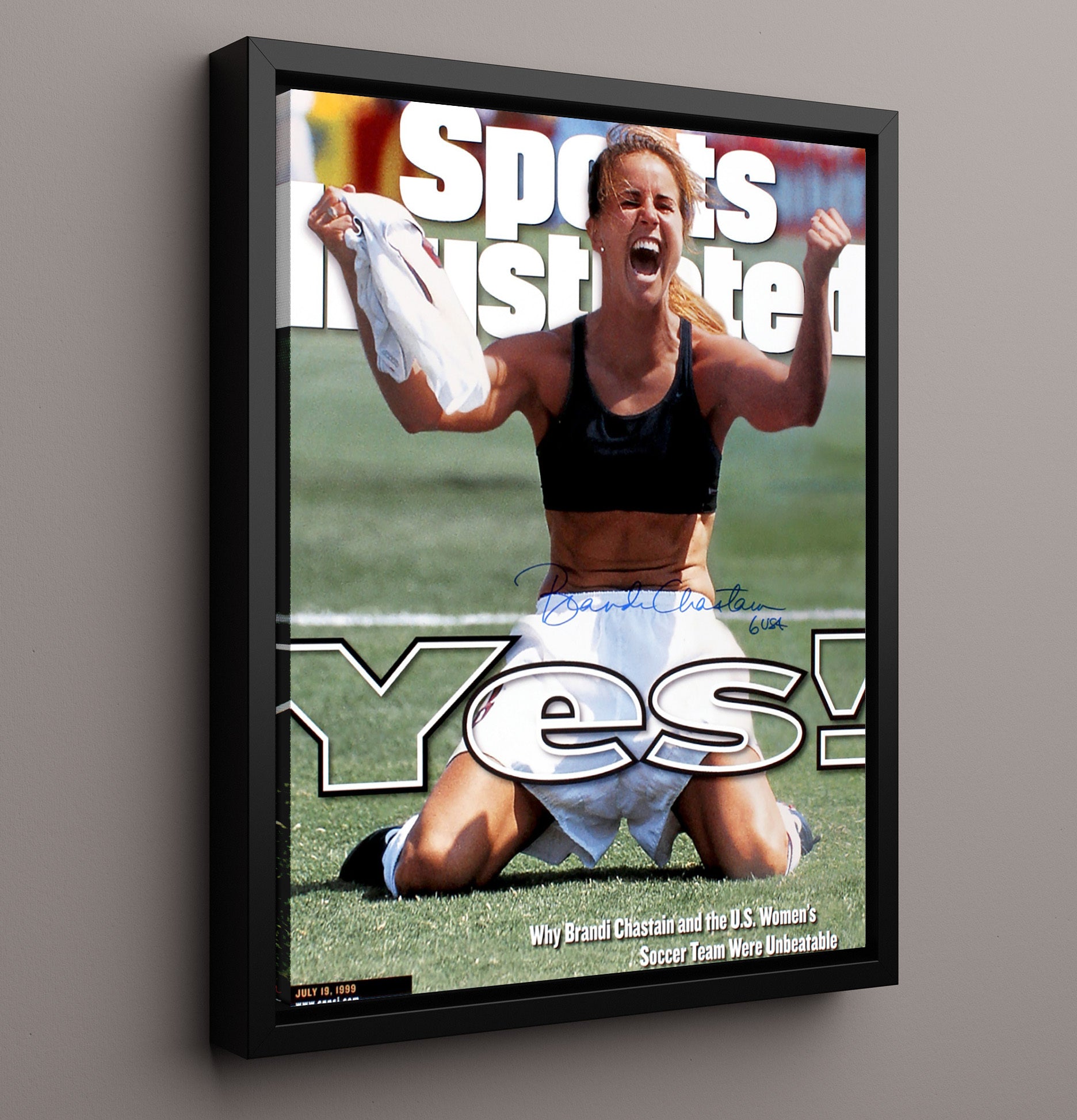 Brandi Chastain USA Iconic World Cup Victory Celebration 1999 Soccer Print 16x20 Framed Canvas soccer wall art print – Soccer Prints decor