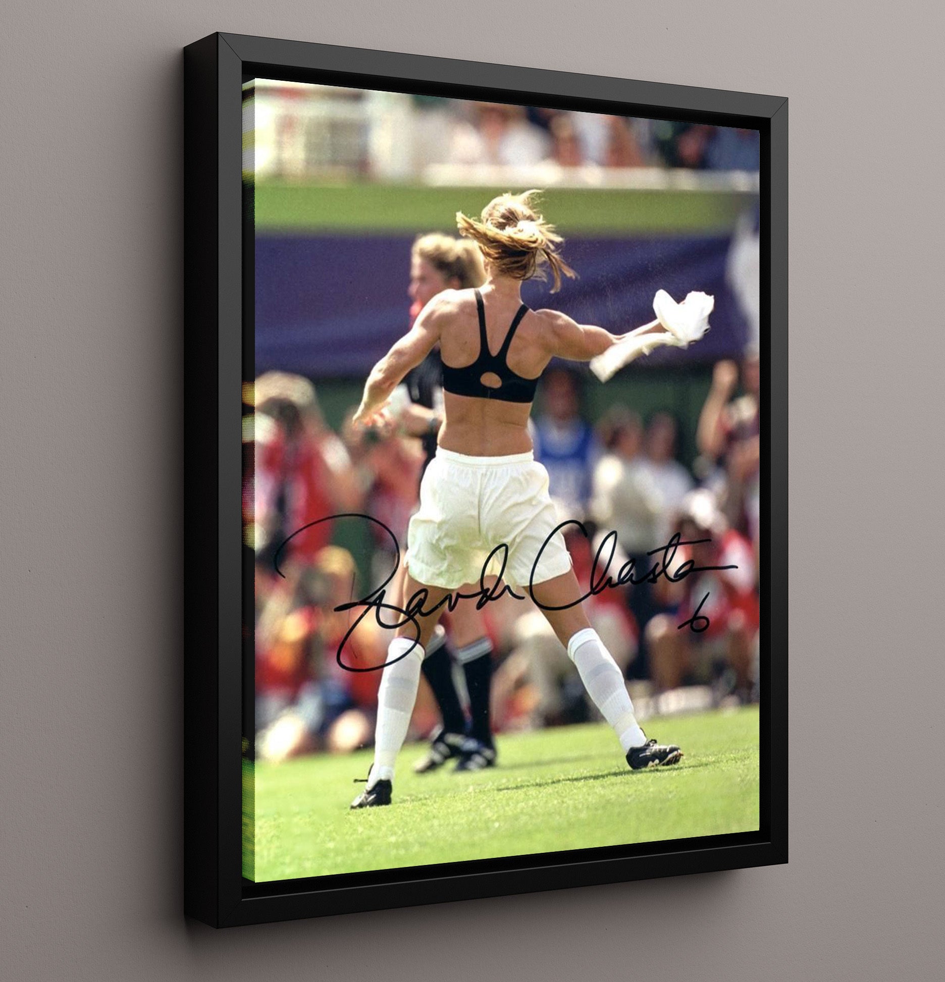 Brandi Chastain USA World Cup Celebration Moment 1999 Soccer Print 16x20 Framed Canvas soccer wall art print – Soccer Prints decor