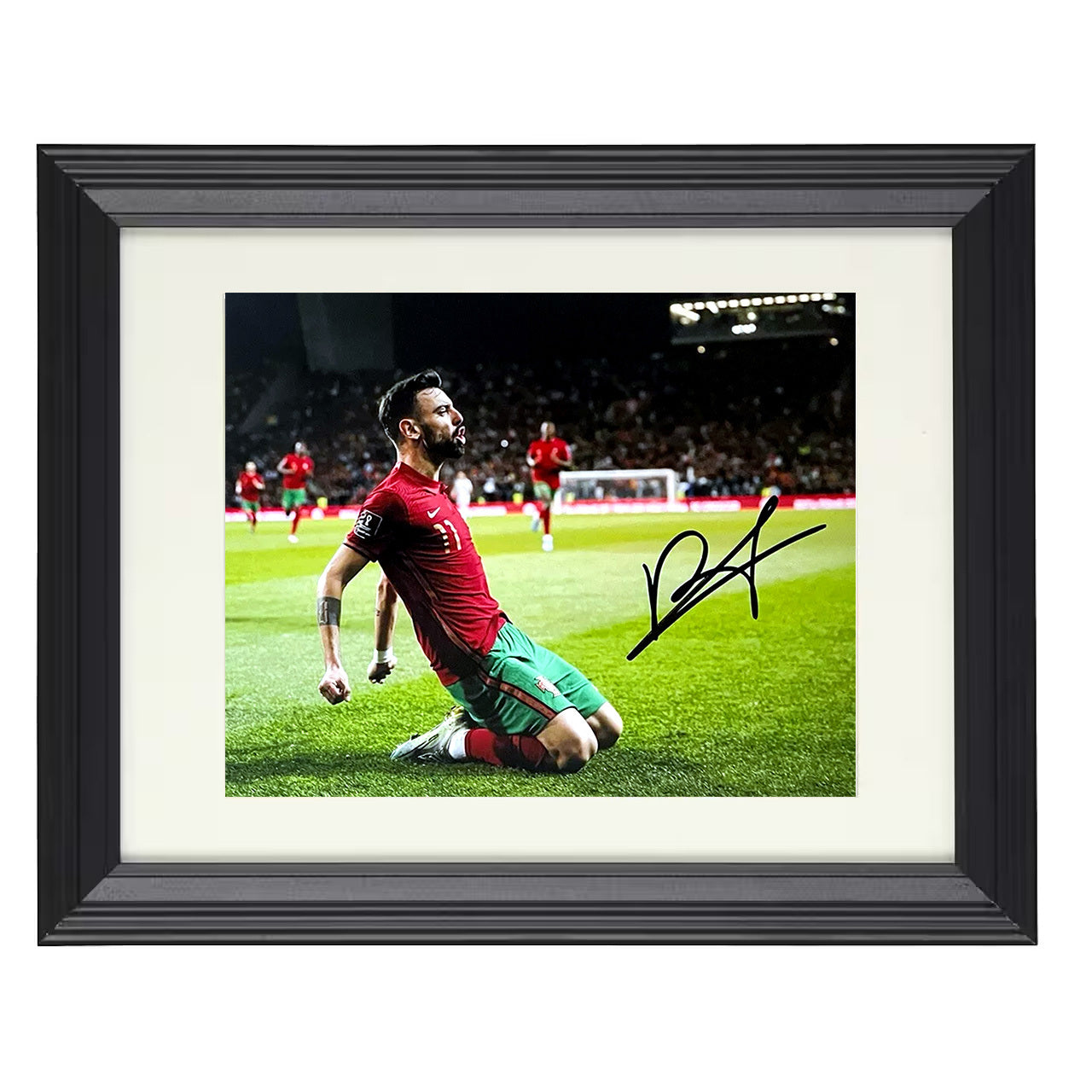 Bruno Fernandes – Portugal Celebration Knee Slide 8x10 matted black framed soccer wall art