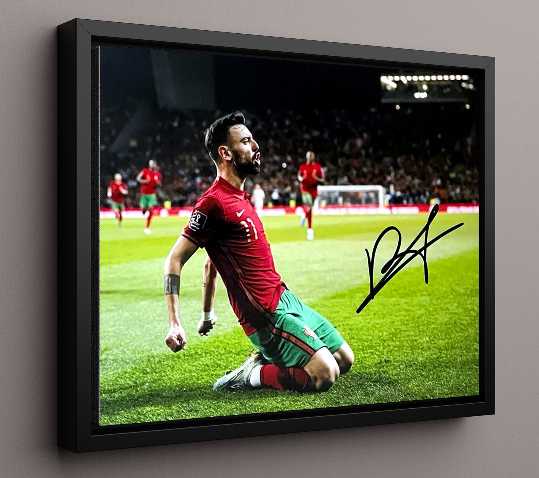 Bruno Fernandes Portugal Celebration Knee Slide Goal Moment Soccer Print 16x20 Framed Canvas soccer wall art print – Soccer Prints decor