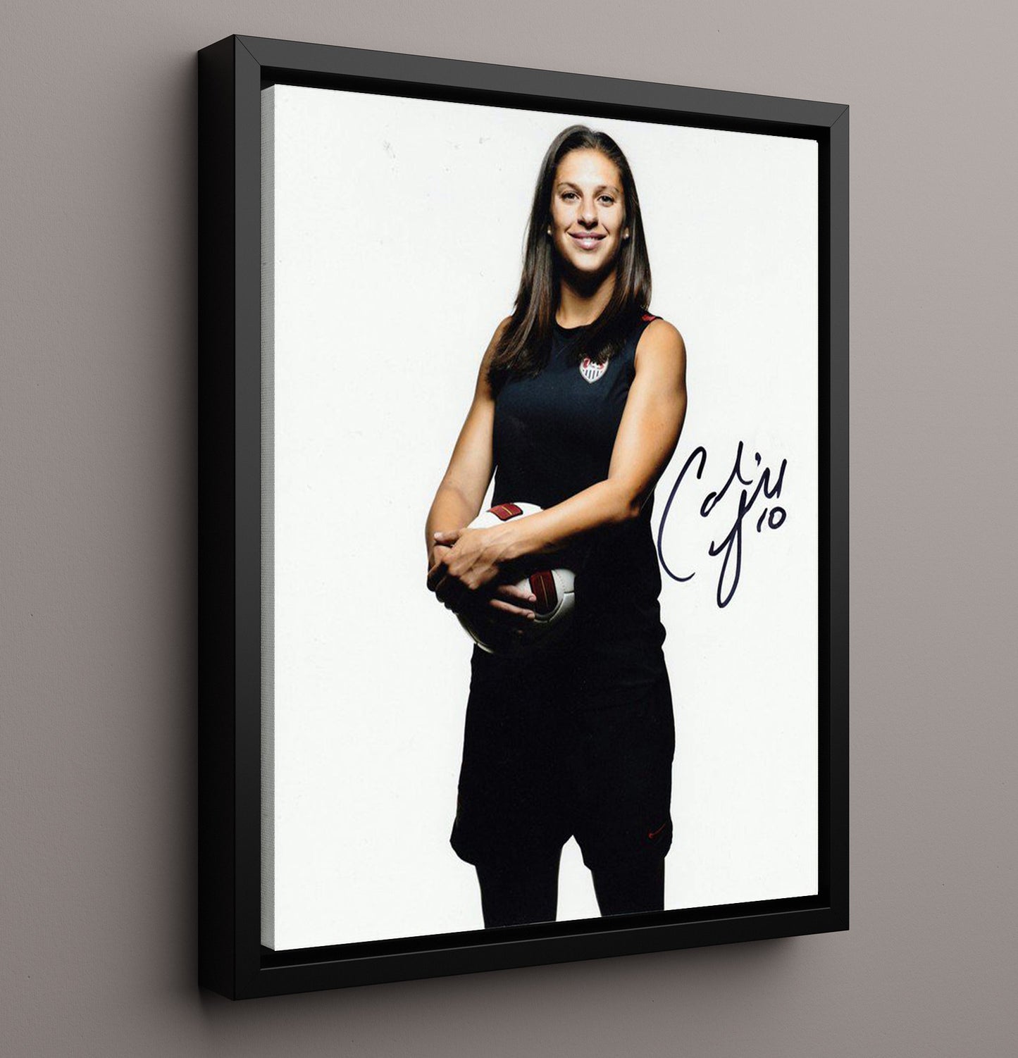 Carli Lloyd USA Midfield Strike Spotlight Moment Soccer Print 16x20 Framed Canvas soccer wall art print – Soccer Prints decor
