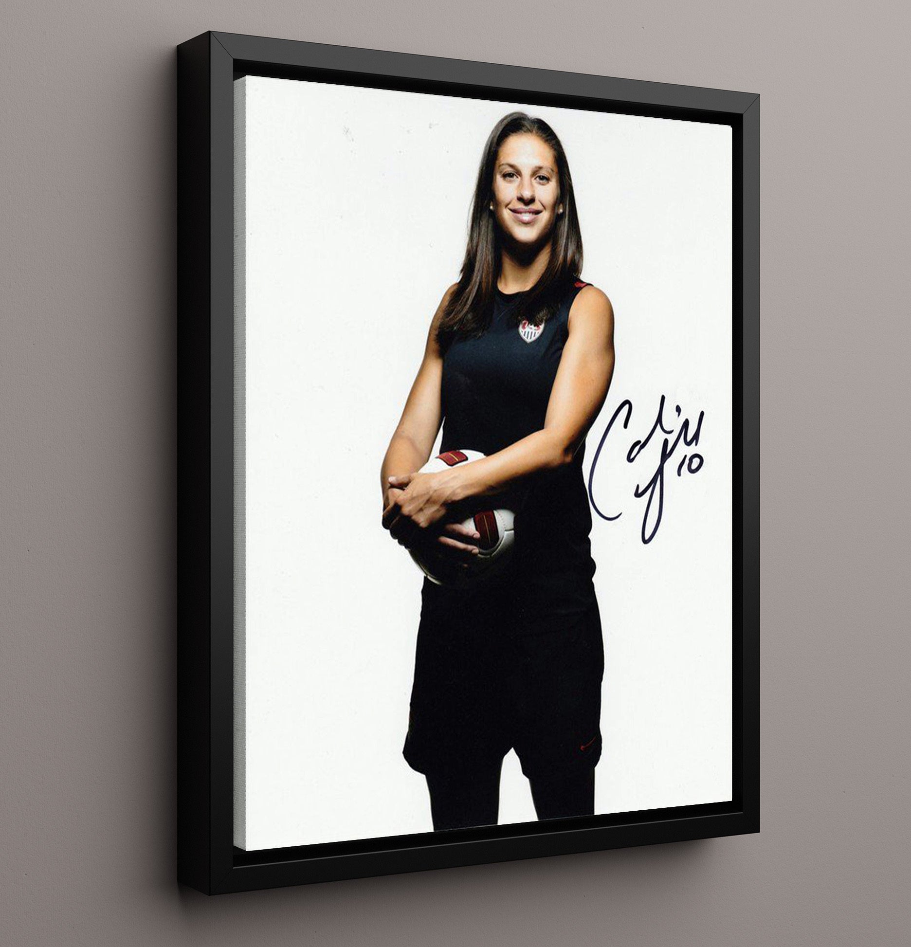 Carli Lloyd USA Midfield Strike Spotlight Moment Soccer Print 16x20 Framed Canvas soccer wall art print – Soccer Prints decor